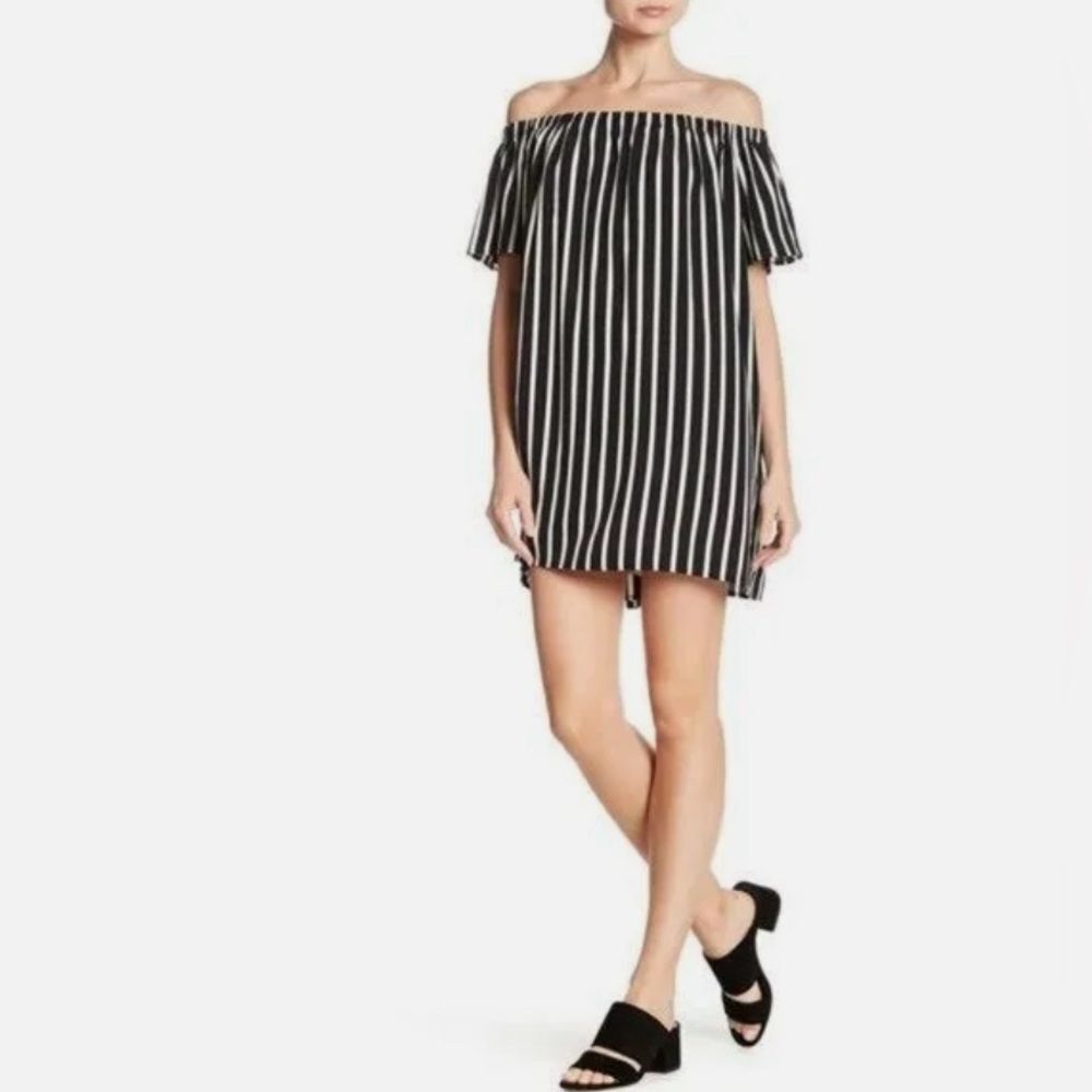 French Connection black and ivory striped off shoulder mini dress size XS